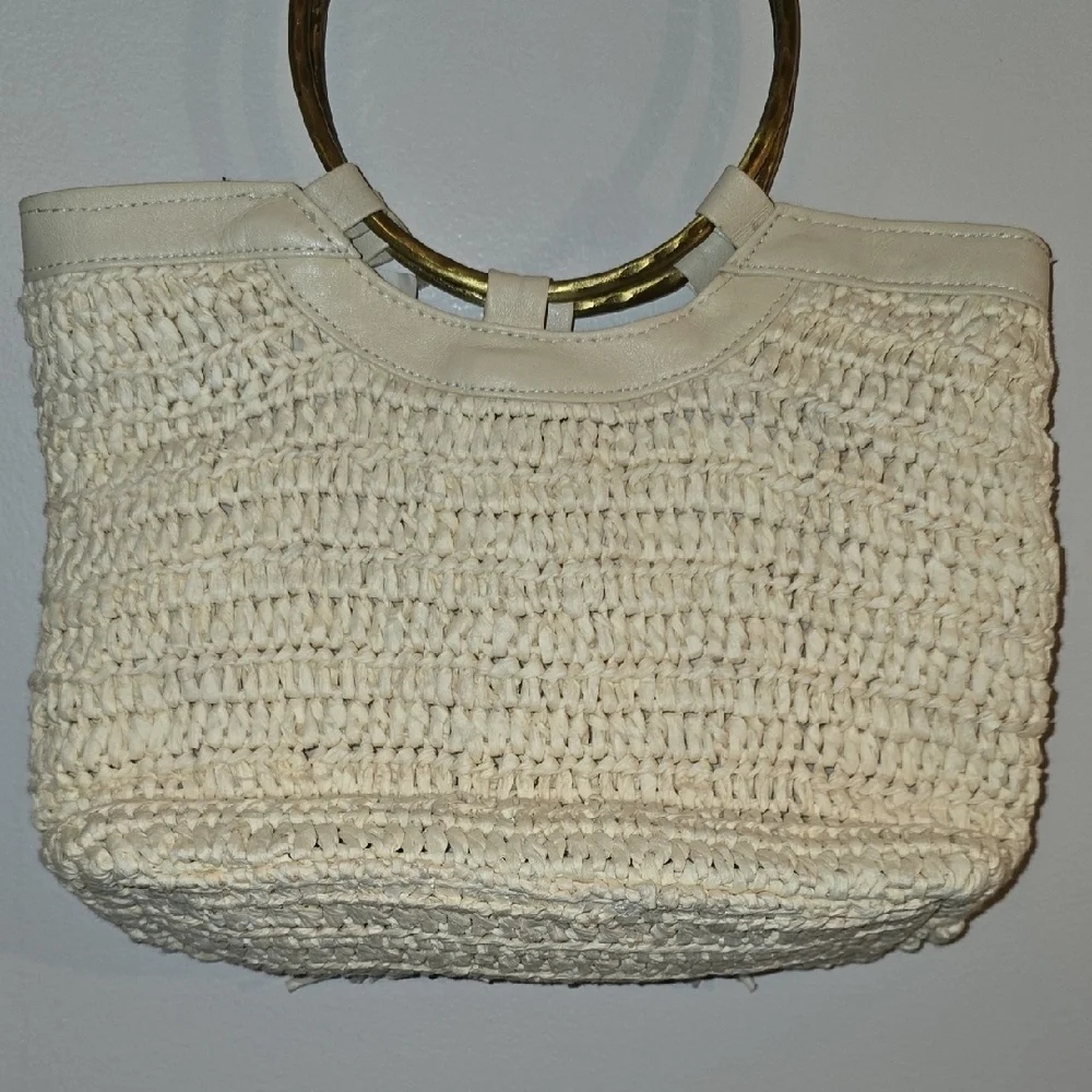 Anthropologie Beige Textured Tote with Gold Ring Handles NWT LOT-Q - Picture 8 of 11